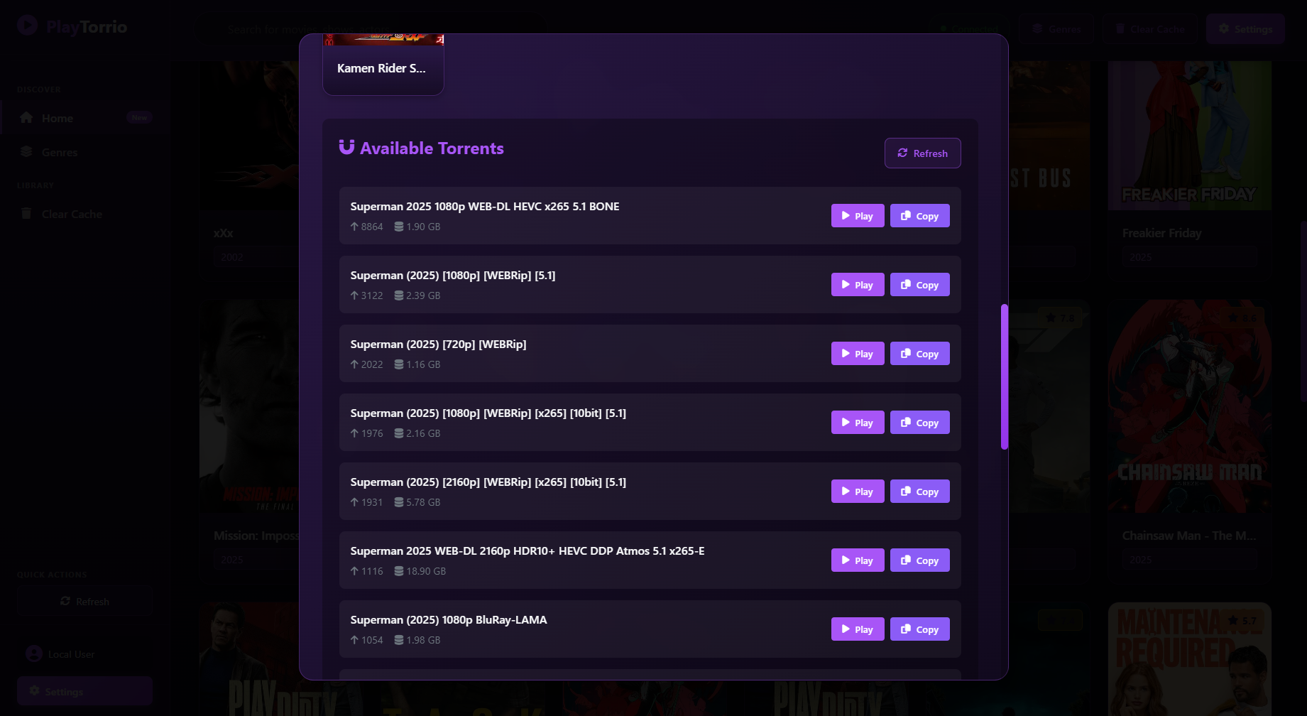 PlayTorrio list of available torrents with qualities and sizes